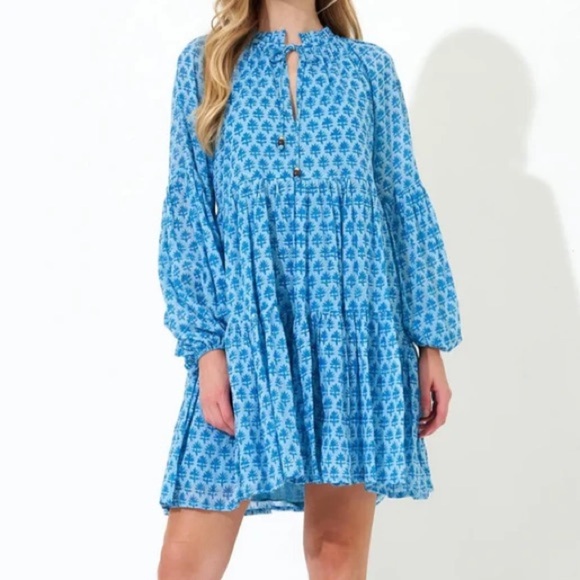 Oliphant Dresses & Skirts - Oliphant Dress Ballon Sleeve Short Dress Fern Blue Lined v neck